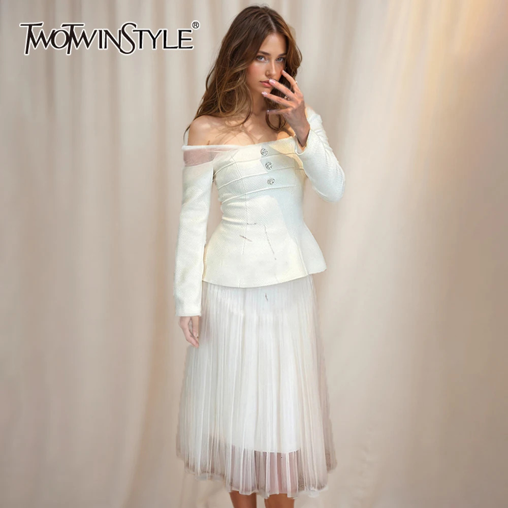 TWOTWINSTYLE Slimming Two Piece Set For Women Diagonal Collar Long Sleeve Tunic Top High Waist A Line Skirt Fashion Sets Female 250721