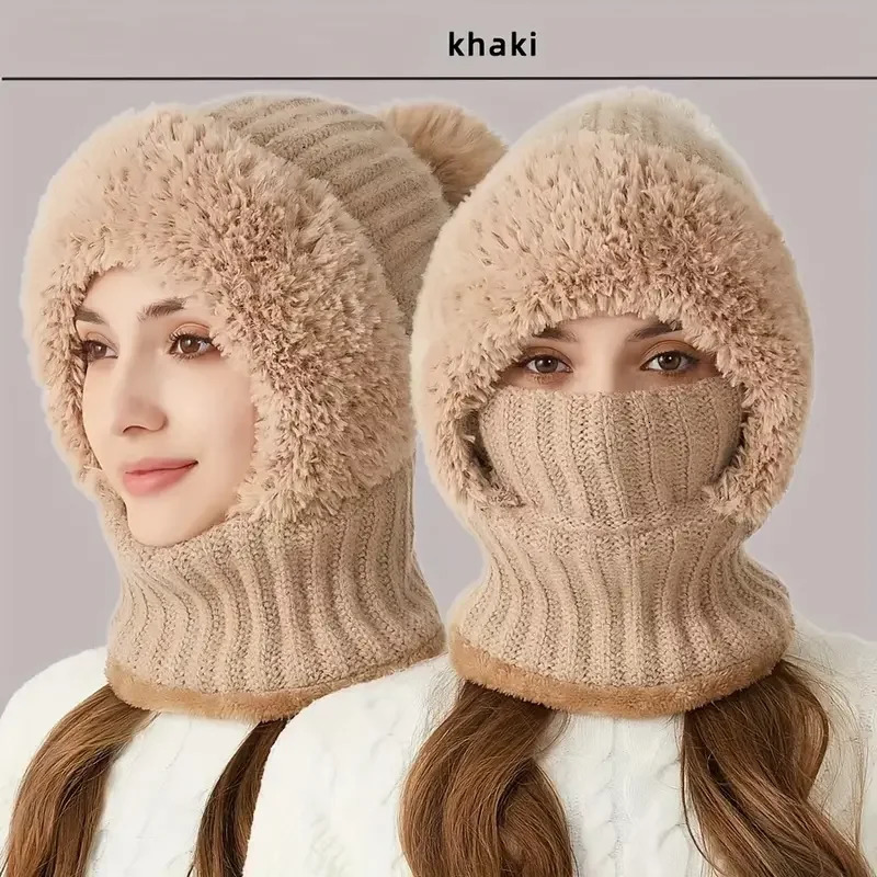 Winter Fleece Lined Knitted Hat with Ear Flaps Windproof and Warm Hooded Neck Gaiter for Outdoor Cycling 250725