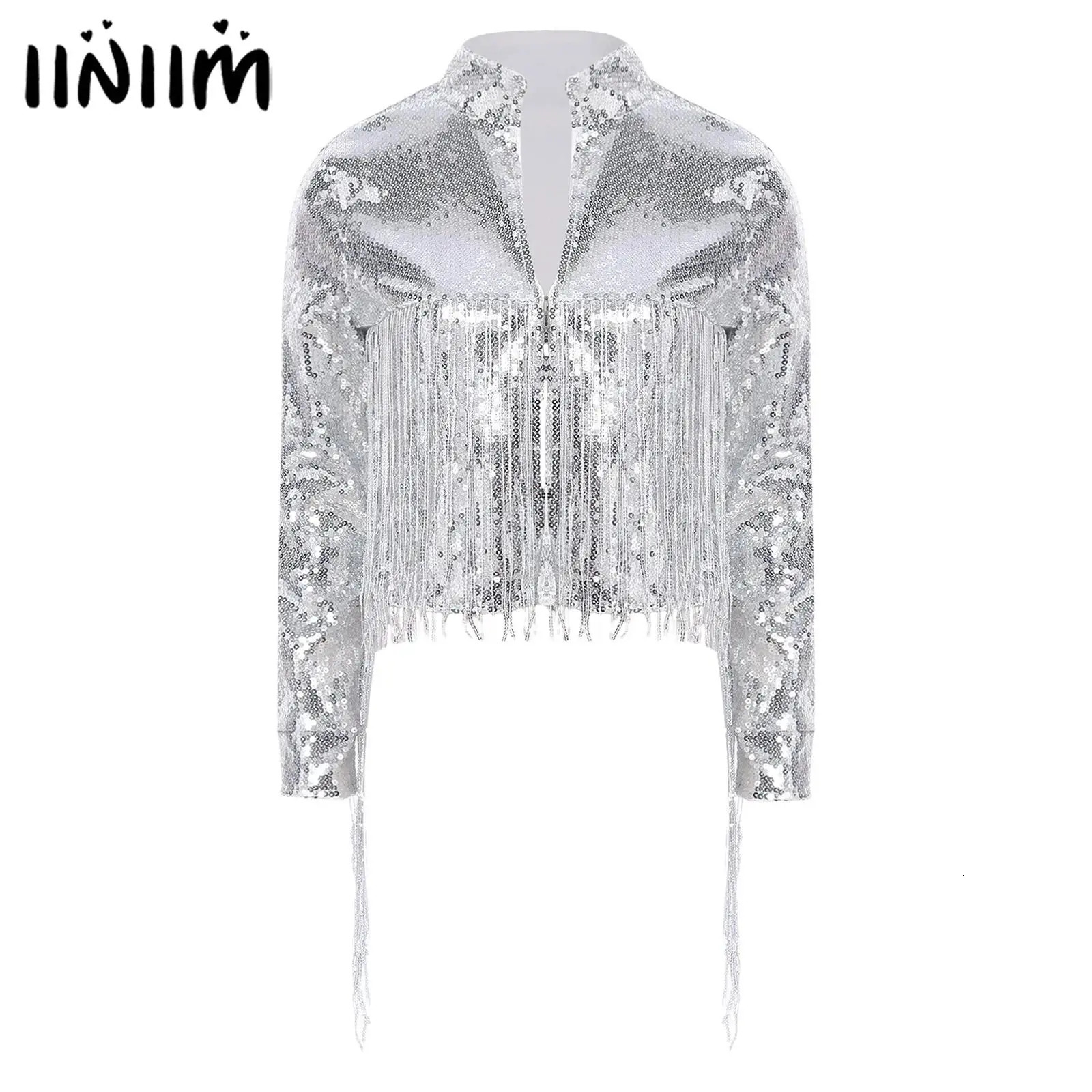 Mens Glittery Sequin Tassel Bomber Crop Jackets Stand Collar Long Sleeve Open Front Disco Bar Pole Dance Crop Blazer Outerwear 250724