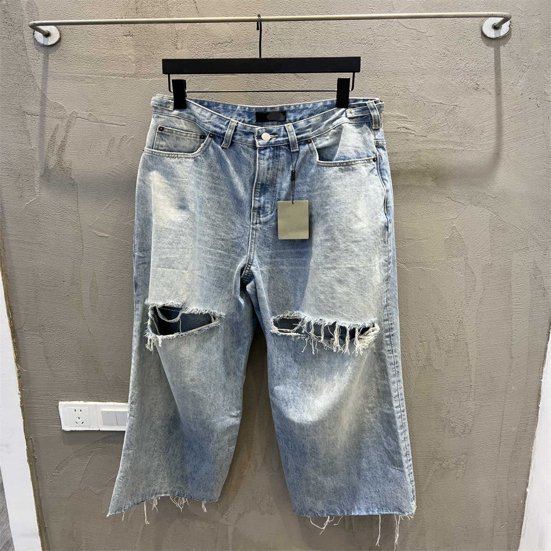 2025ss Men's Plus Size Pants Street Hip Hop High Street Men's Jeans Slim Fit Elastic Feet Trousers with Broken Holes Fashion Trend Star Sa