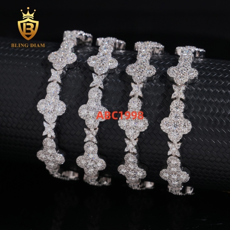 New Design Fashion VVS1 Moissanite Bracelet 925 Silver 13mm Flower Shape Cuban Moissanite Chain Pass Diamond Tester Hip Hop