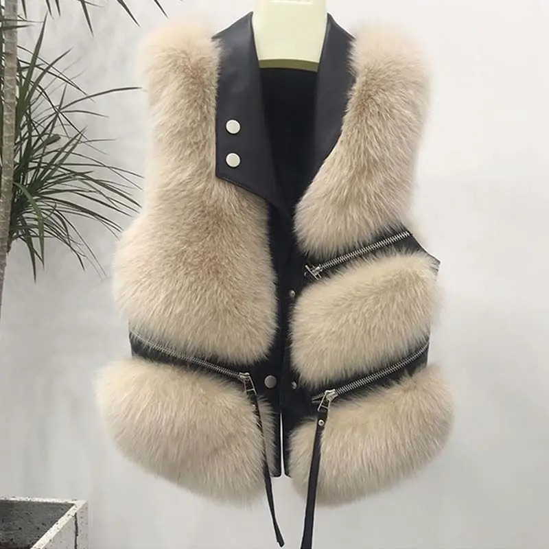 Autumn Winter Women Fur Grass Coat Vests V-Neck Solid Button Zipper Simplicity Fashion Loose Sleeveless Cardigan Tops 250725