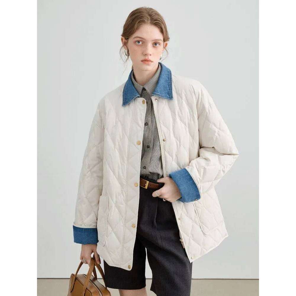 Cowboy Dia Grid For Women's Autumn Winter New Style, High-End And Fake Two-Piece Splicing Cotton Jacket 250726