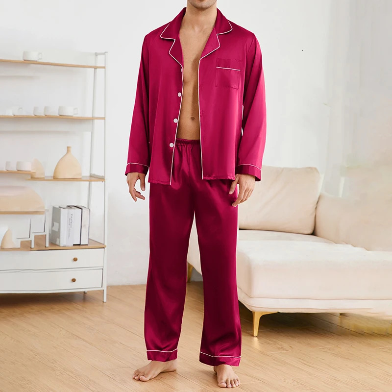 Mens Satin Pajama Set Autumn Lapel Collar Long Sleeve Tops Pants Sleepwear Button Down Loungewear Home Clothes Pyjama For Man 250724