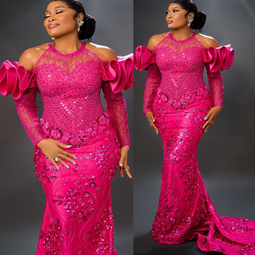 Mermaid Fuchsia Prom Dresses 2025 Lace Beaded Full Sleeves Vintage Evening Formal Party Second Birthday Engagement Gowns Plus Size Dress For Special