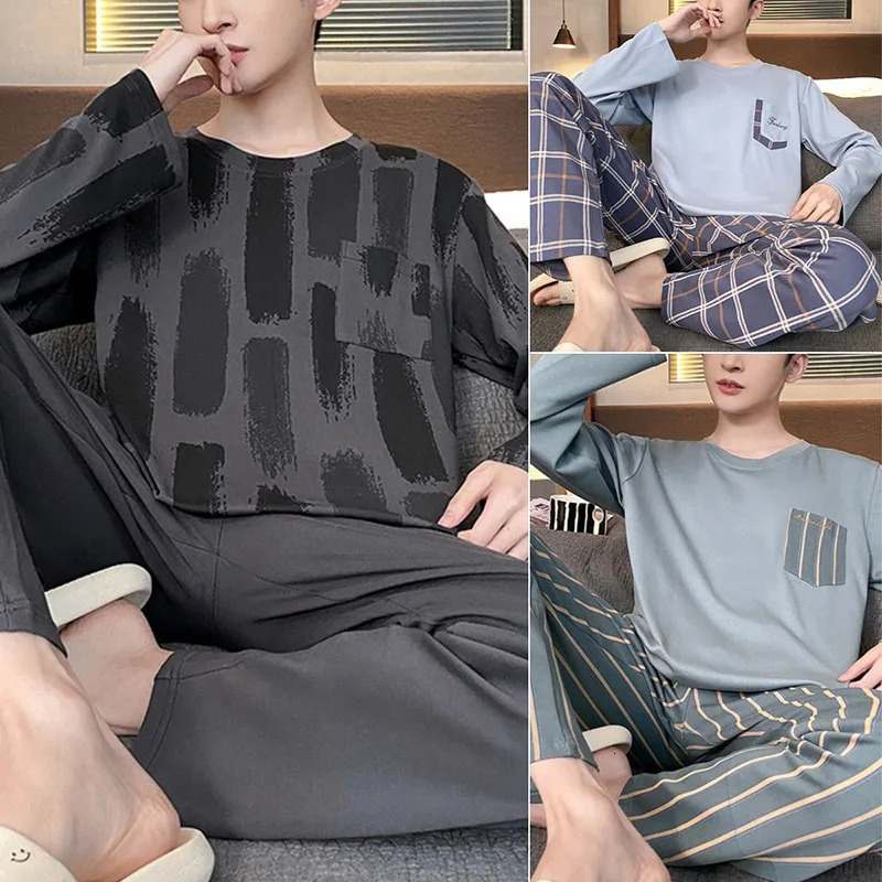 Big Size Men Sleepwear Autumn Winter Cotton Casual Long-Sleeved Youth Pajamas Outside the Home Clothing Two-Piece Set Striped 250724