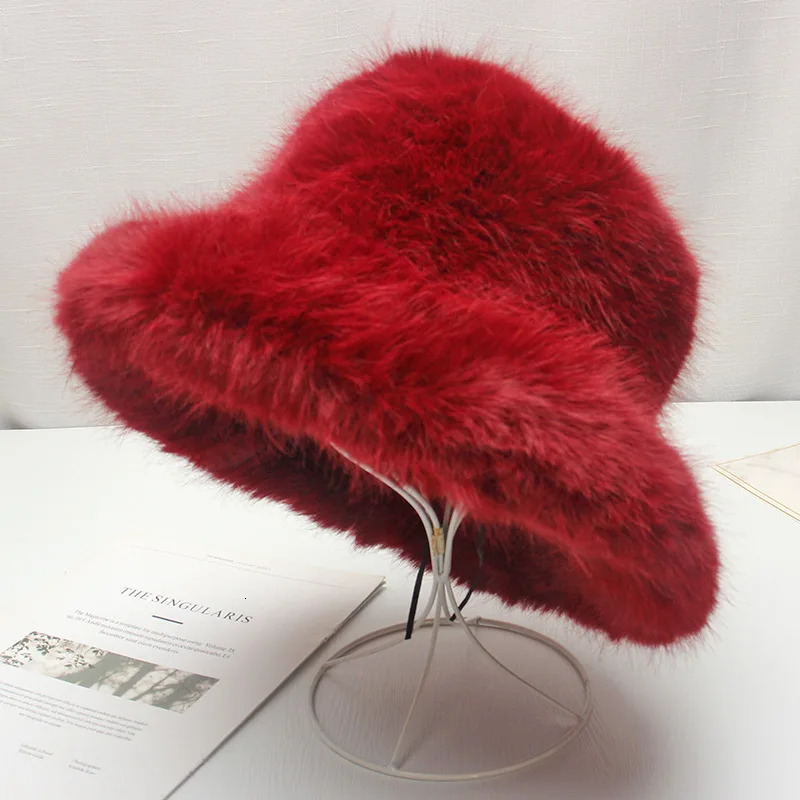 Red plush Bucket hat womens elegant autumn and winter fur bamboo hat Korean version advanced thermal cap large size 250725