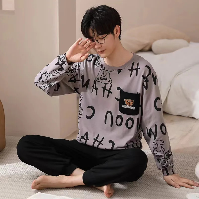 Spring and Autumn Mens Models of Pajamas Teenage Sports Long-Sleeved Homewear Mens Loose Leisure Plus Size Homewear Suit 250724