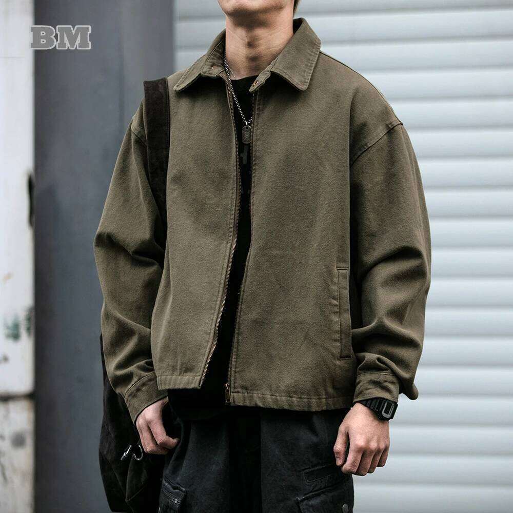 Vintage Washed Distressed Workwear Jacket For Men Short American Style Lapel Casual Coat Spring Autumn Solid Color High Quality 250726