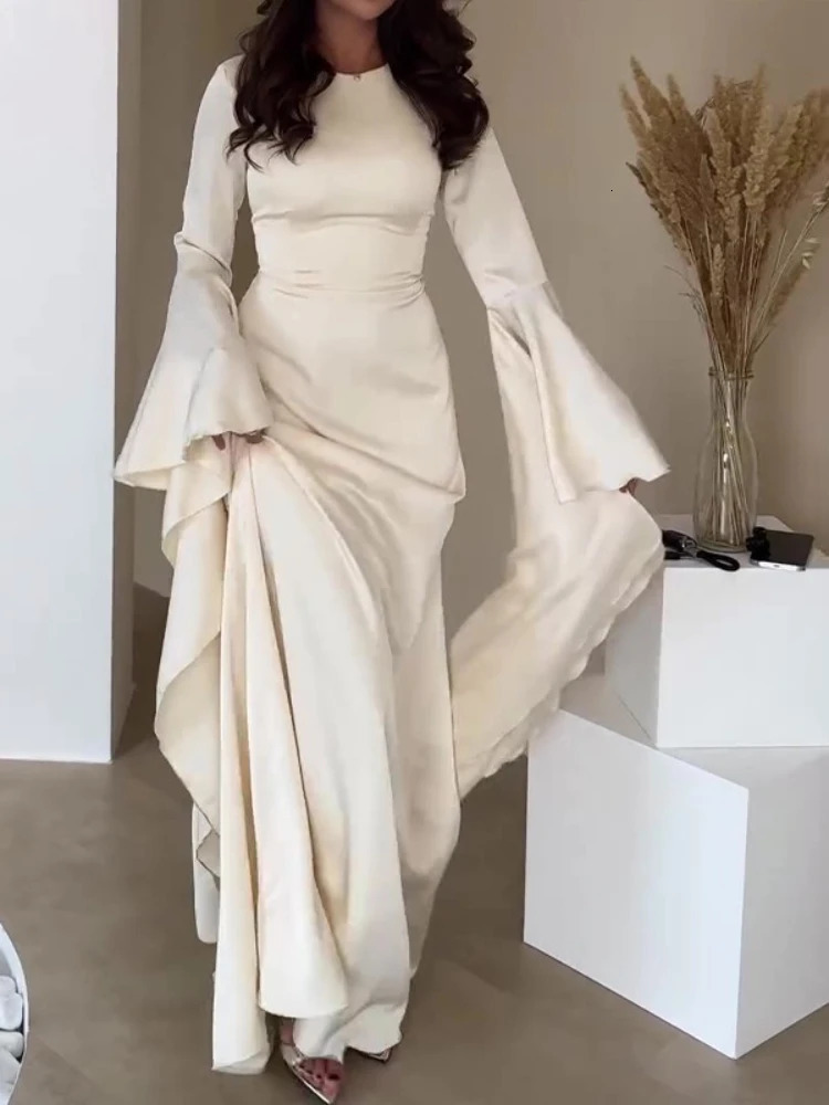 Elegant Solid Color O Neck Chiffon Straight Modest Casual Party Robe Simple Big Swing Sleeves A-line Loose Evening Dress 250723