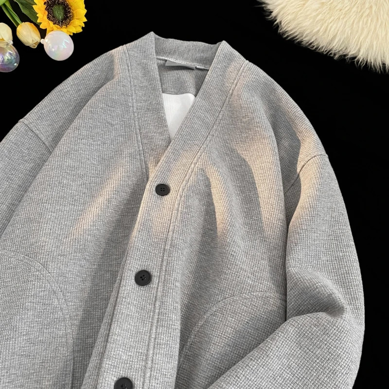 Men Clothing Spring Autumn Japanese Knit Sweater Casual Loose V-neck Button Cardigans Trend Versatile Black Couple Jacket 250723