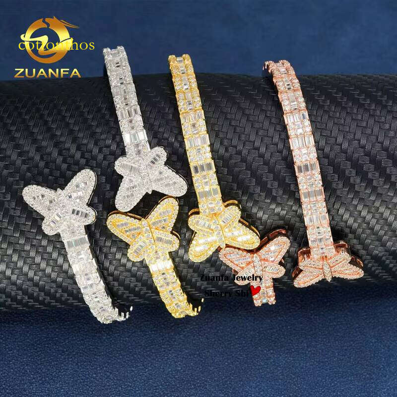 Ready to Ship Butterfly Baguette Design Solid Sier High Quality Drop Shipping Iced Out Moissanite Hip Hop Jewelry