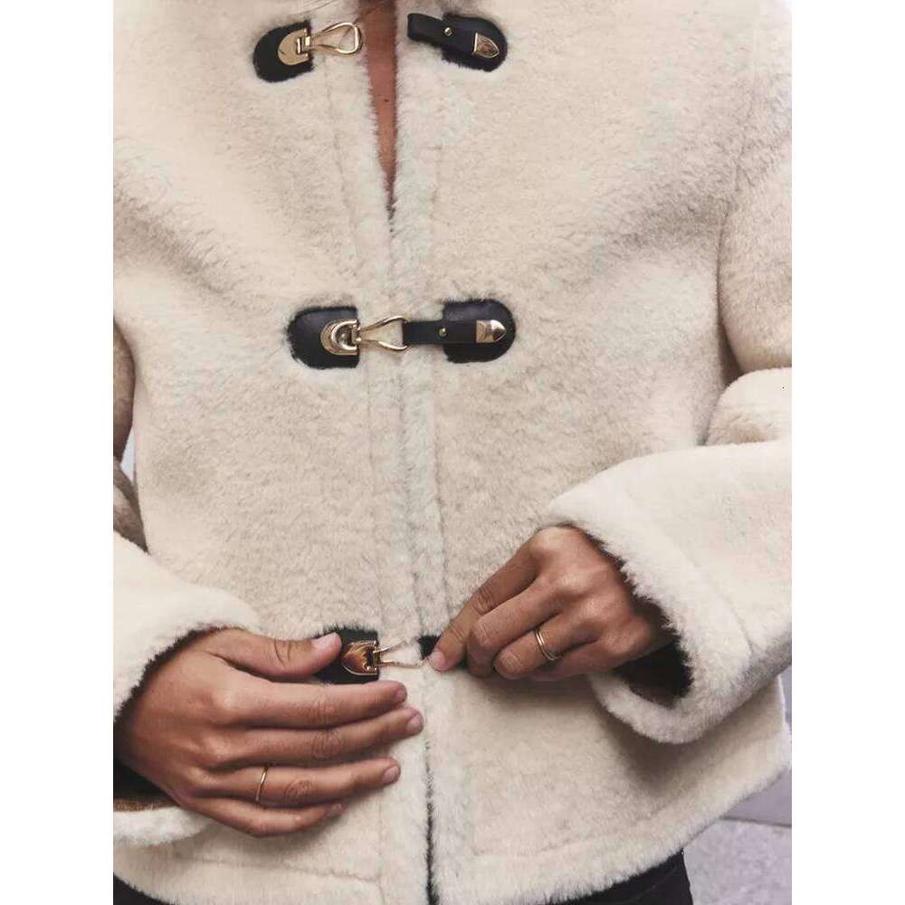 2024 Autumn And Winter New Women's Round Neck Faux Fur Effect Double-Sided Knot Buckle Plush Jacket Coat MDNG