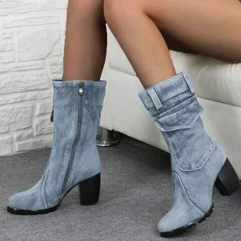 Cowboy Womens Boots Autumn and Winter Pointed Denim Style Casual Temperament High Heels Single Shoes Zapatos De Mujer 250723