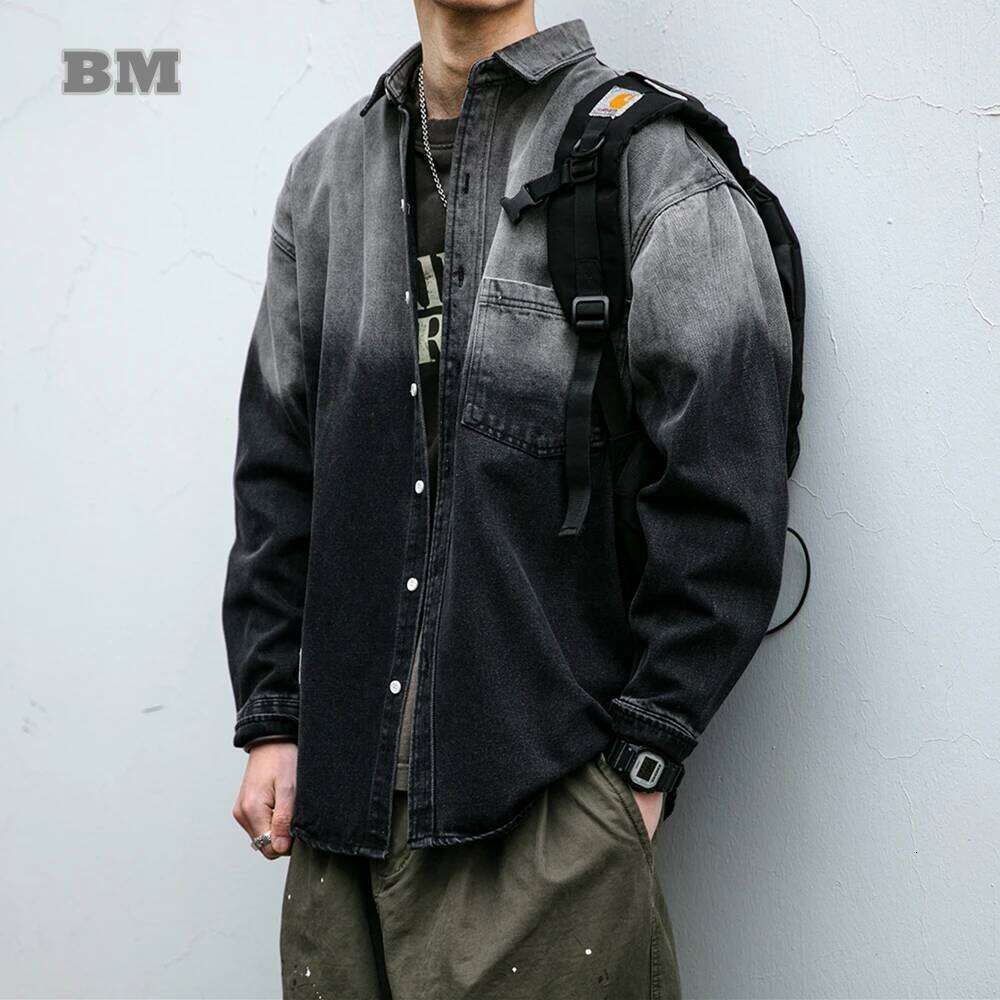 Korean Fashion Washed Gradient Denim Shirt For Men Clothing High Quality Streetwear Haruku Casual Coat Tremdy Long Sleeve Male 250726