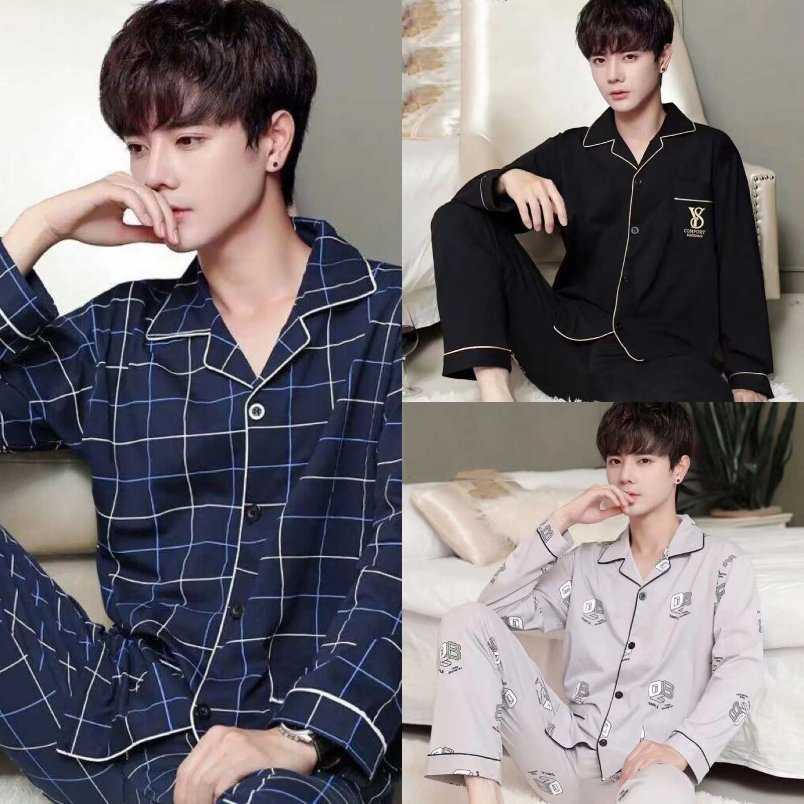 Spring And Summer Cotton Mens Pajamas Long-Sleeved Trousers Pajamas Suit Teenagers Casual Homewear Suit 250724
