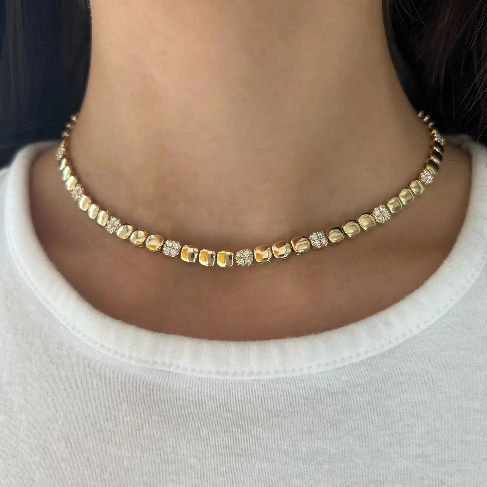Gold Color Geometric High Polish Charm Link Tennis Chain Necklace Bracelet Paved Bling Cz For Women Fashion Jewelry 250722