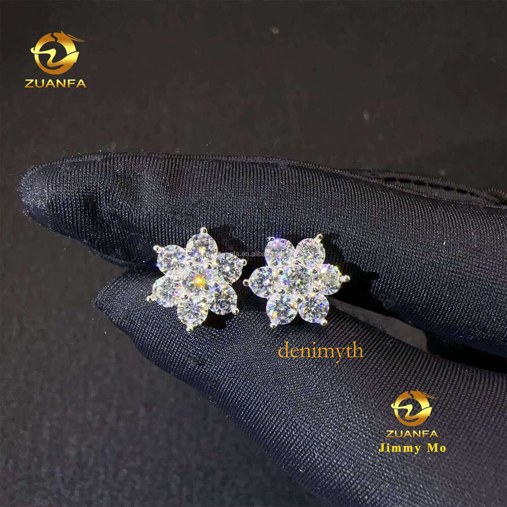 Fire Jewelry Water Drop Shipment Iced Out Hip Hop Sterling Sier VVS1 Sand Stone Stud Cluster Flower Earrings