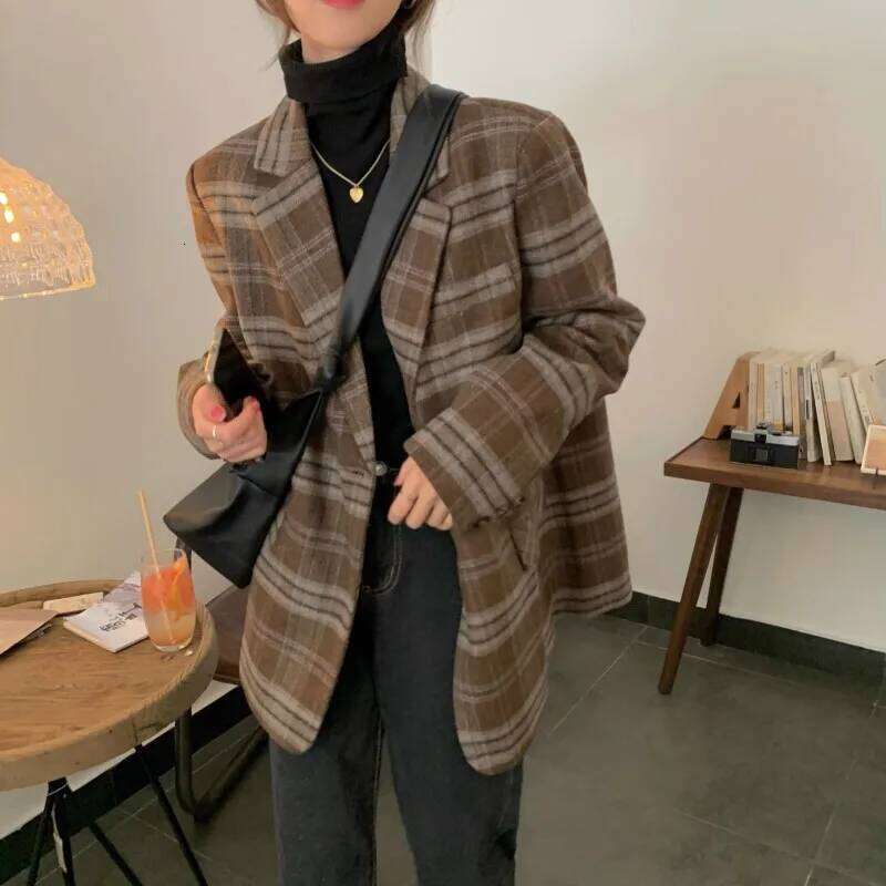 Retro Coffee Plaid Temperament Woolen Coat For Women's Autumn And Winter Design Sense, Cotton Clip Fit Suit Jacket 250726
