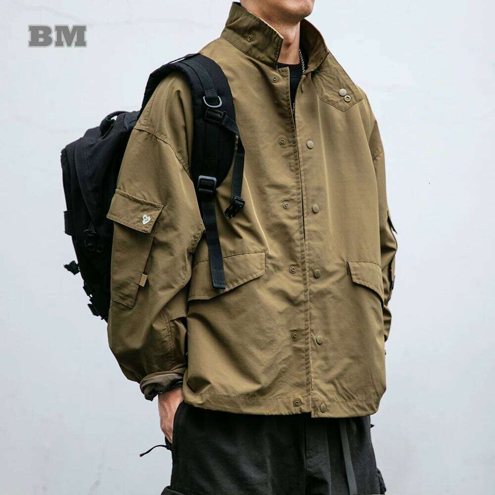 Spring Autumn Korean Fashion Outdoor Cargo Jacket For Men Clothing Haruku Casual Stand Collar Male Coat Trendy Windbreaker 250726