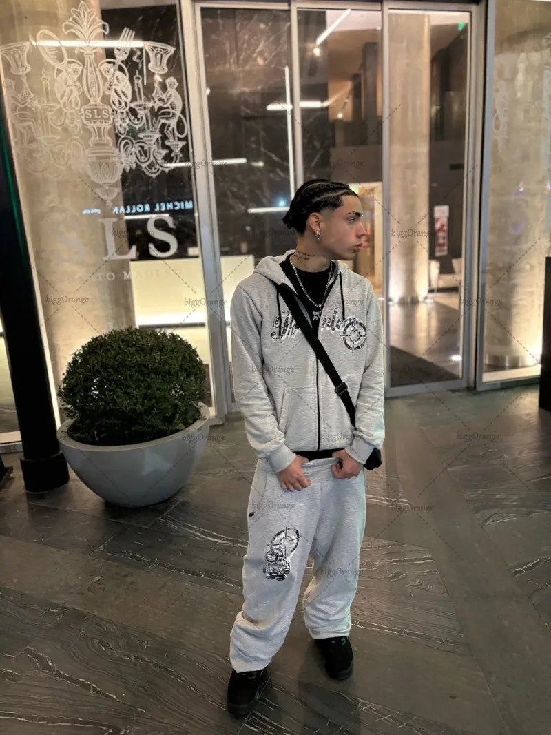 American Retro Hip-hop Harajuku Oversized Zipper Sweatshirt Mens Suit Y2K Casual High Street Trendy Loose Wide-leg Pants Women 250724