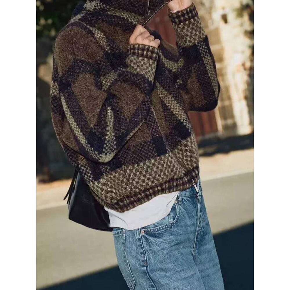 2024 Autumn And Winter New Lazy Style Brown Plaid High Collar Double Zipper Knitted Cardigan Jacket Coat Women MDNG