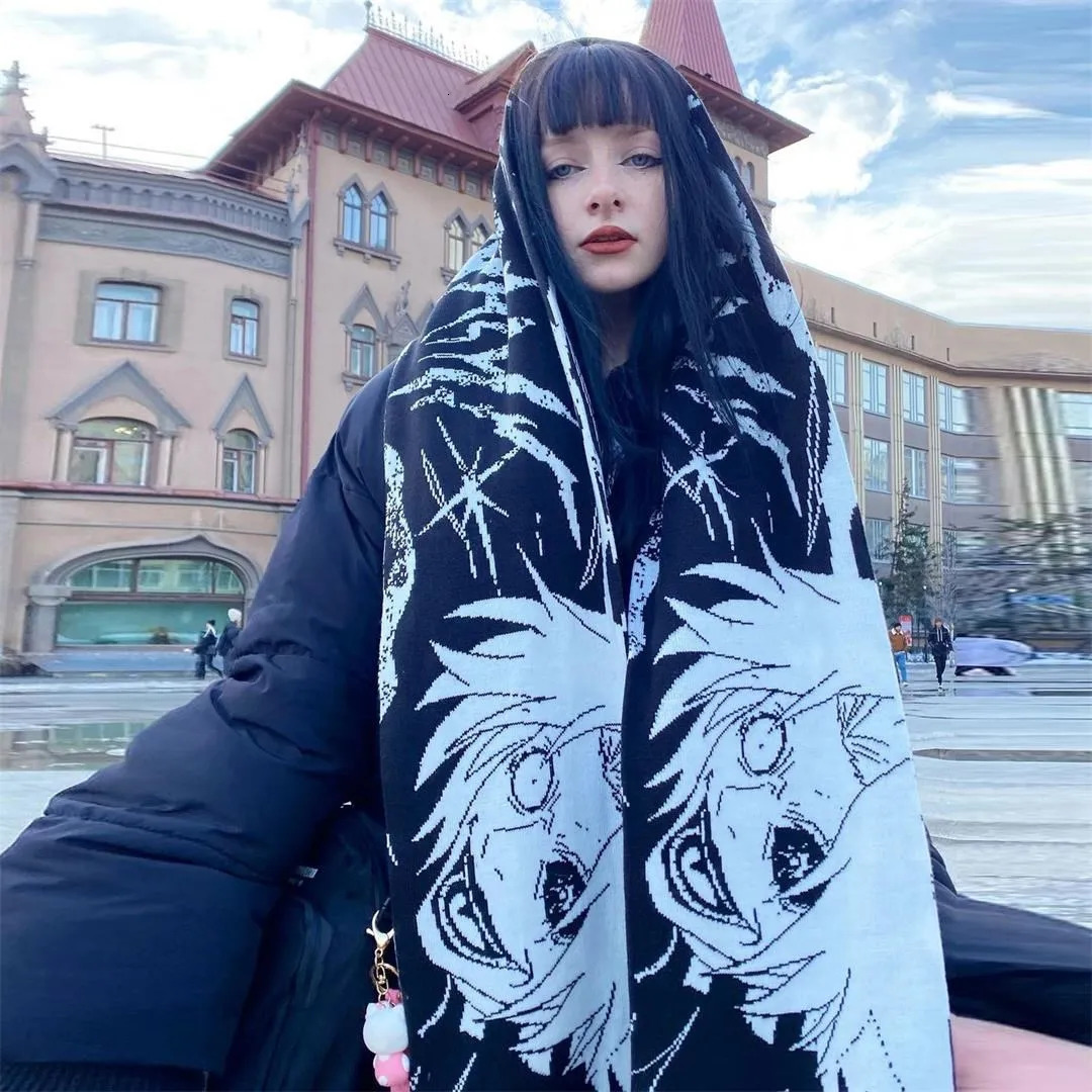Fashion creative Japanese Anime striped knitted womens scarf mens winter scarf apron black tassel luminous Y2K Kpop Goth 250724