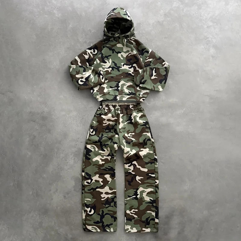 Y2K Battlefield Camouflage Men Set Oversized Army Green Harajuku Loose pullover classical Retro Hip Hop men women casual Hoodie 250724
