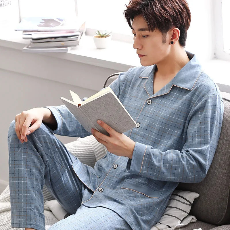 Cotton Men Pajamas Set of Autumn Winter Long-Sleeved Cardigan Plus Size Men Models of Home Clothing Plaid Sleepwear 2PCS/Set 250724
