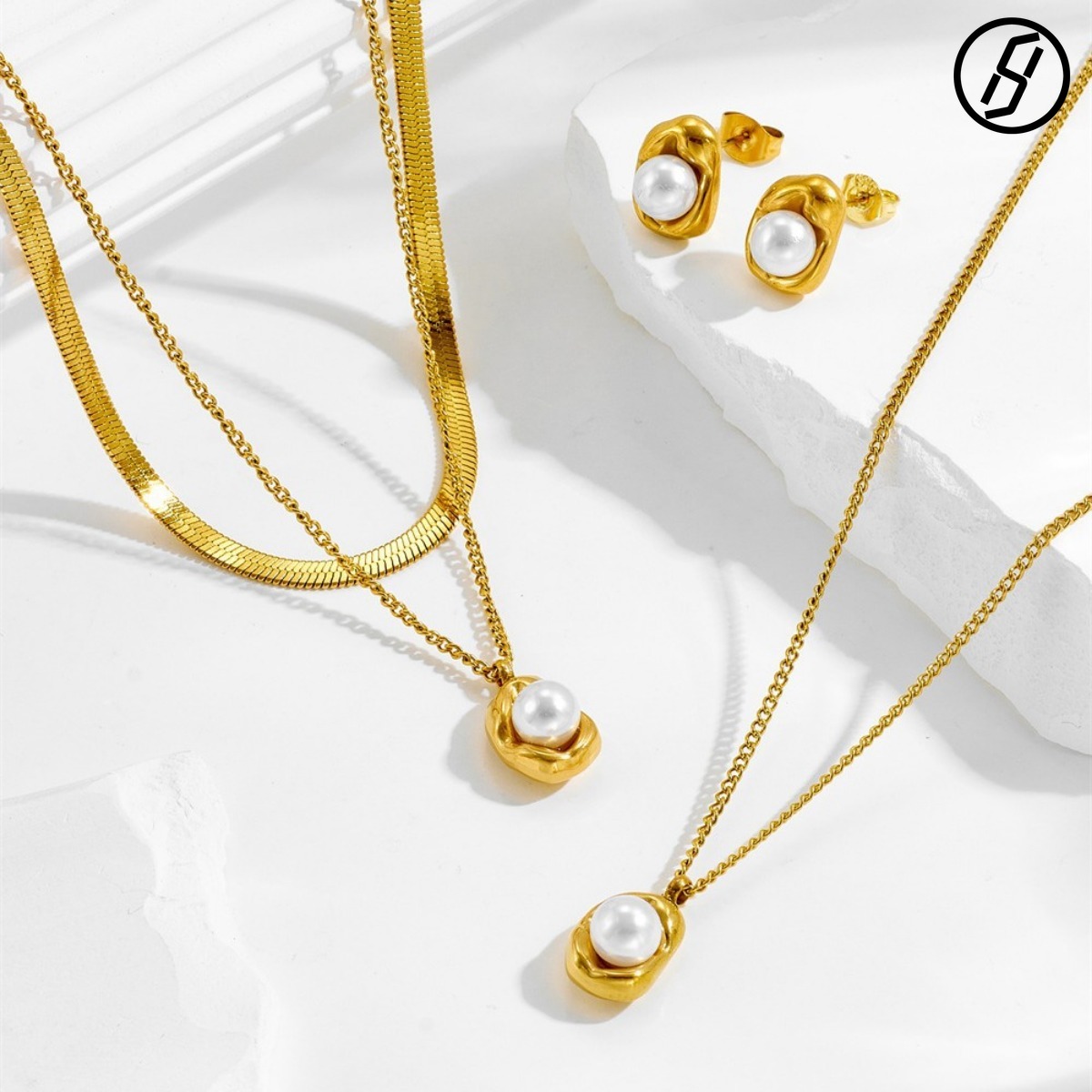 European and American Simple Bow Irregular Pearl Bowl Bean Clavicle Chain Stainless Steel Jewelry Set Roman Round Brand Irregular Love Necklace Earr