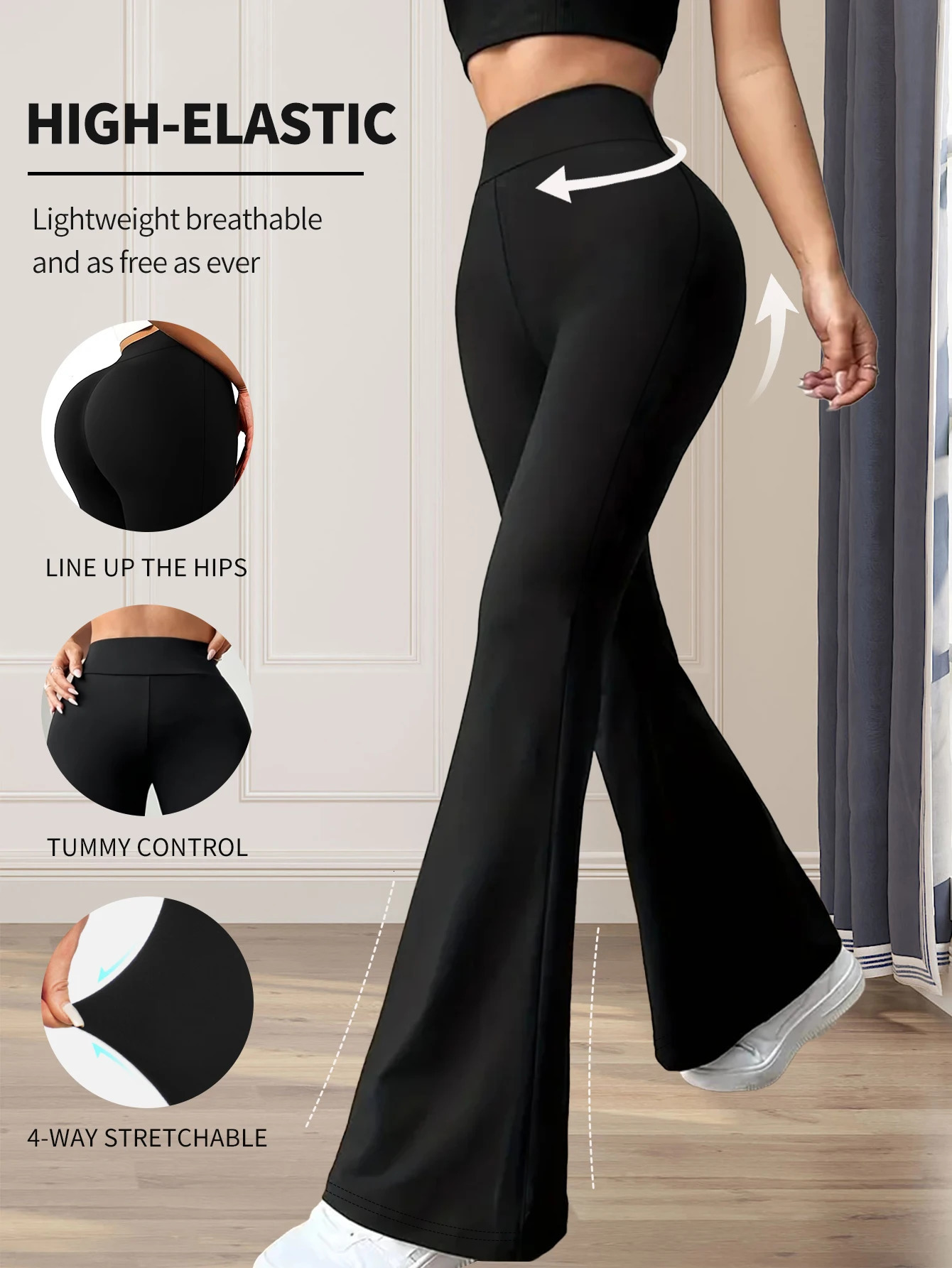 Womens spring and summer high waisted tight fitting flared pants slim leg long black pants thin wide leg pants for slim women 250724
