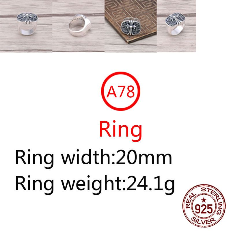 A78 S925 Sterling Silver Ring Fashion Retro Personality Aggressive Wide Face Full Cross Hip Hop Letter Net Red Versatile Punk Style Jewelry Gift for
