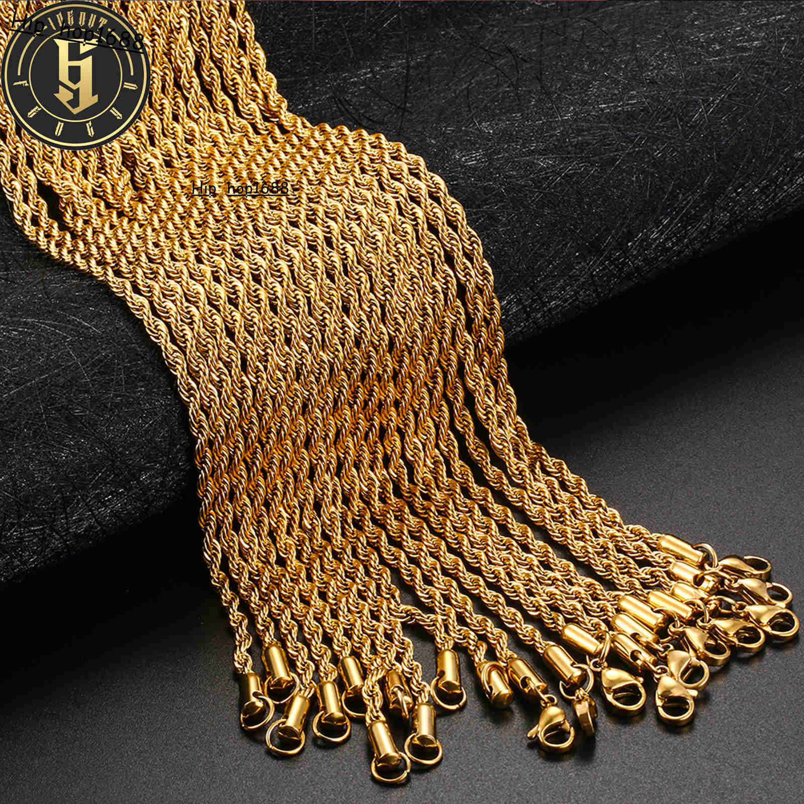 Factory Wholesale Price Fashion Hip Hop Jewelry Non Tarnish 3mm Gold Plated Stainless Steel Rope Chain Necklace for Men Women