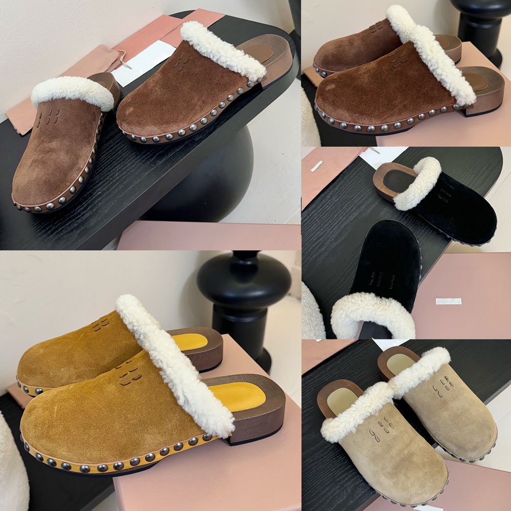 New Suede clog 5Z504E Womens Designer Clog Cocoa Brown Wood clog sole Rubber half sole and heel layer softness shearling Retro Fashion Autumn Winter