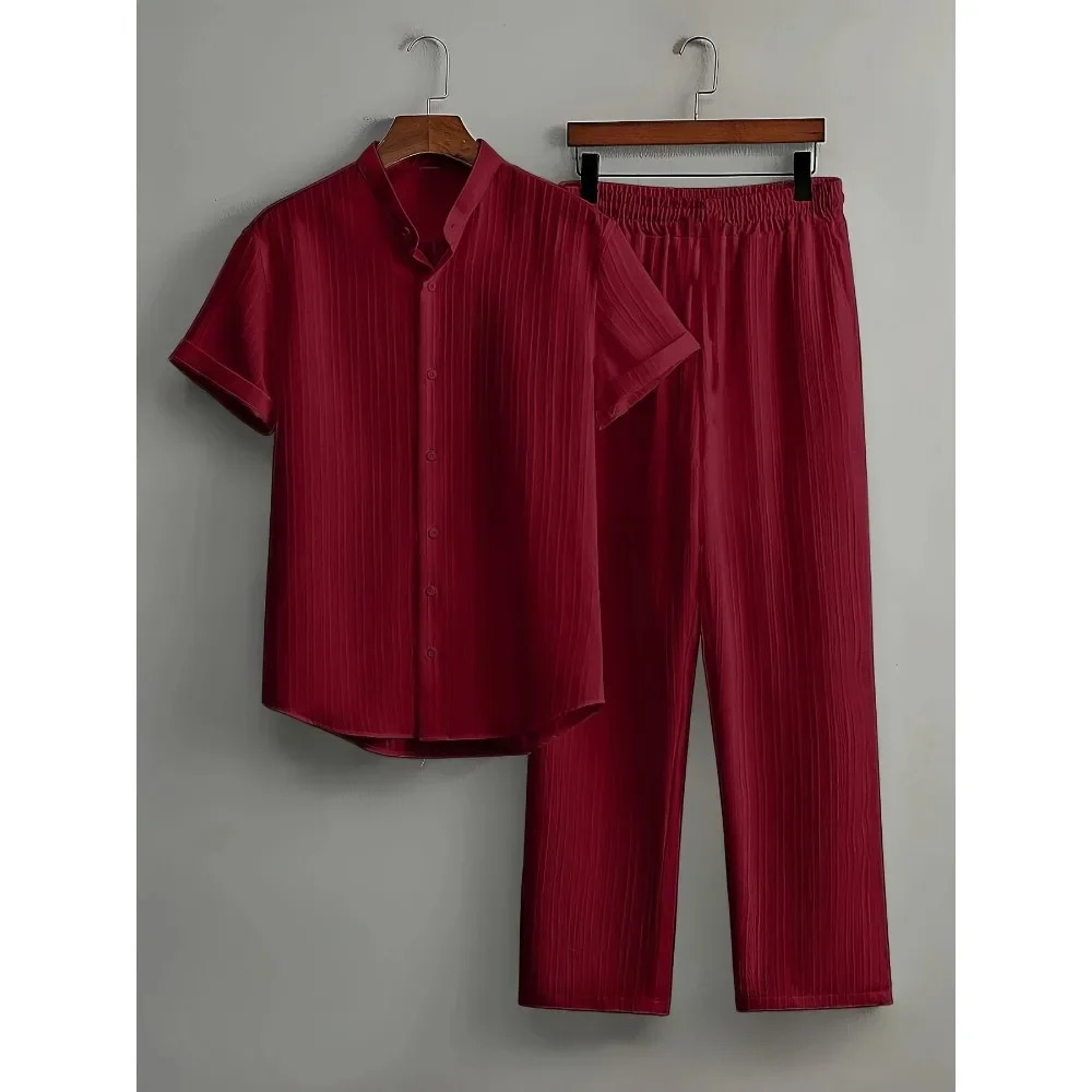 Mens Striped Shortsleeved Shirt and Breasted Lapel Suit Mens Fashion Trendy Style Mens Casual Waffle Shirt Suit 250724