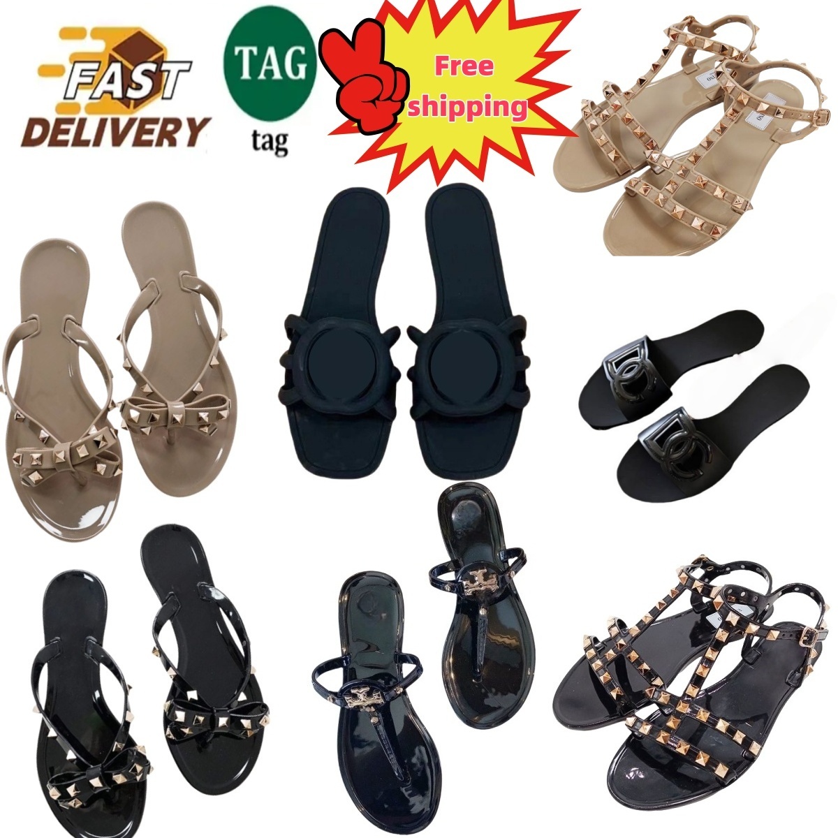 Brand Sandales femme designer en cuir verni plates à enfiler bout ouvert été plage mode clous