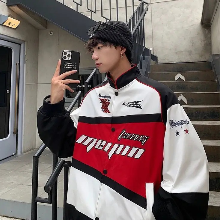 Harajuku American Retro Y2K Motorcycle Jacket Mens Baseball Jacket High Street Couple Racing Clothes Men Clothing Streetwear 250724