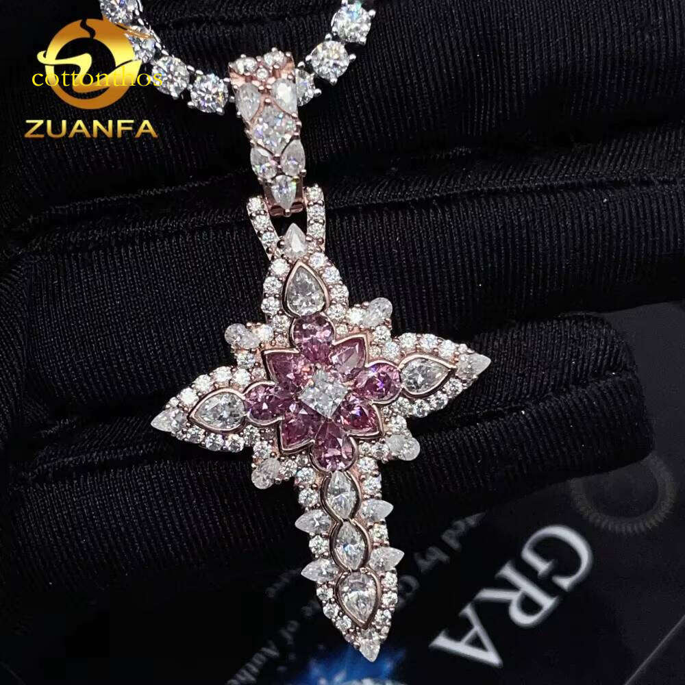 New Arrival GRA Pass Dia Tester Jewelry Solid Sterling Sier Iced Out Colorful Fancy Moissanite Cross Hip Hop Pendant