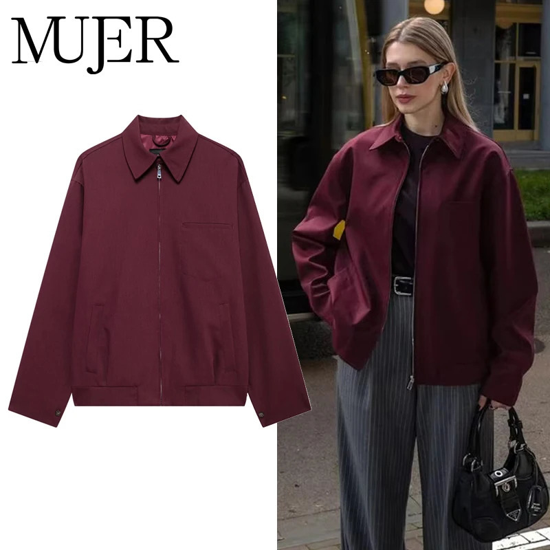 MUJER Zipper Bomber Jackets for Women Fall Outerwears Overcoat Female Long Sleeve Loose Jacket Women Coats Retro Womens Jacket250723