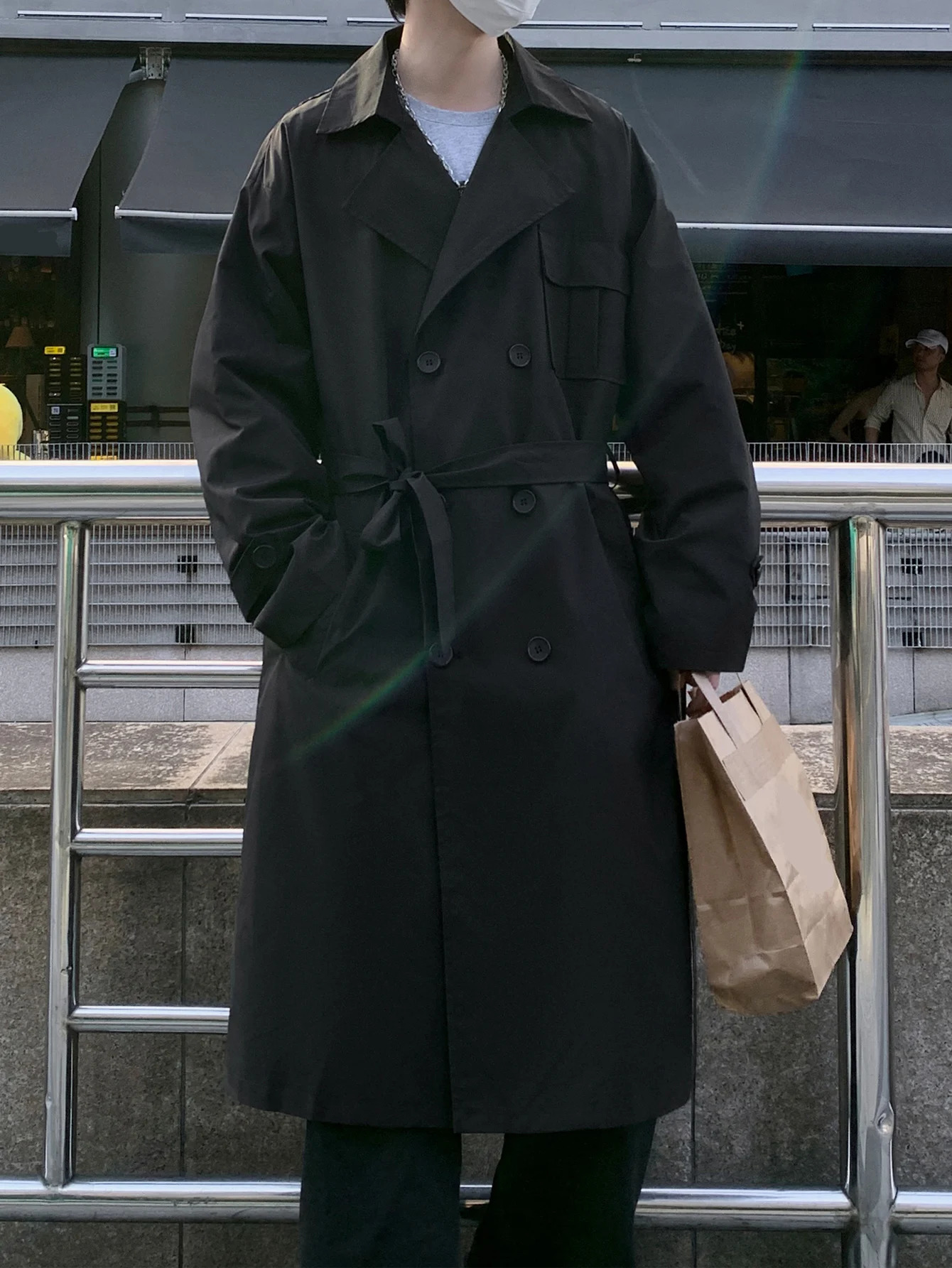 Mens autumn trench coat with double breasted and pockets suitable for outdoor leisure in spring and autumn 250724