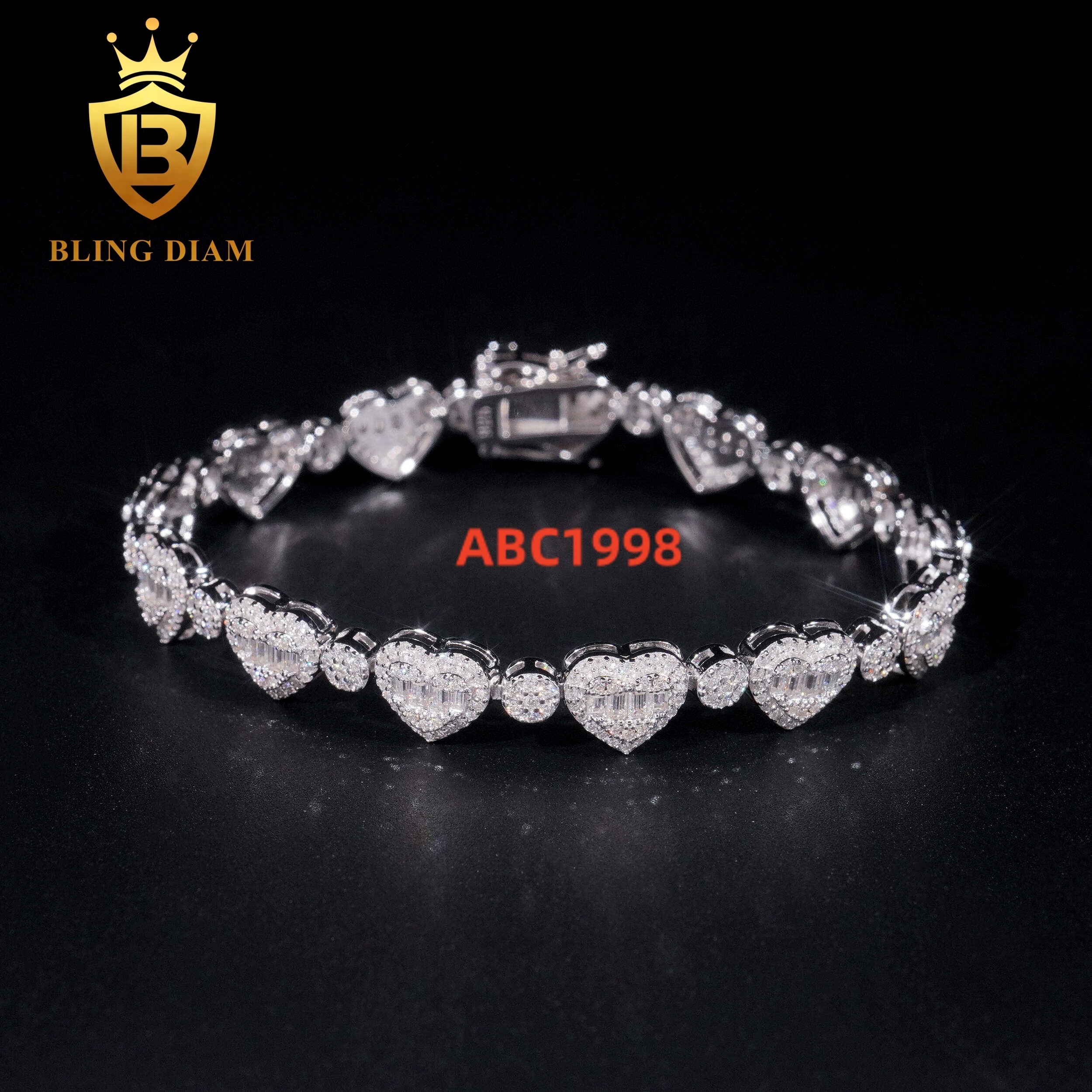 2025 New Style Silver 925 Hip Hop Jewelry Moissanite Bracelet Iced Out Custom Heart Tennis Chain Bracelet
