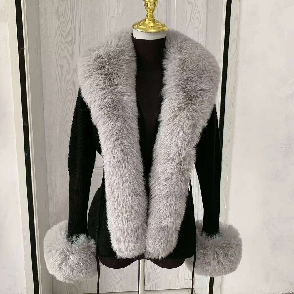 LHXDW Women faux fur knitted cardigan with fox whole fur collar Autumn-winter luxury faux fox fur cardigan fashion sexy artificial fur