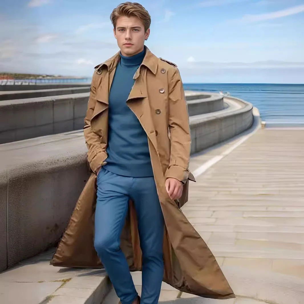Men Trench Turn Down Collar Long Coat Button Jackets Full Sleeve Casual Solid Coats Straight Pocket Male High Street 250724