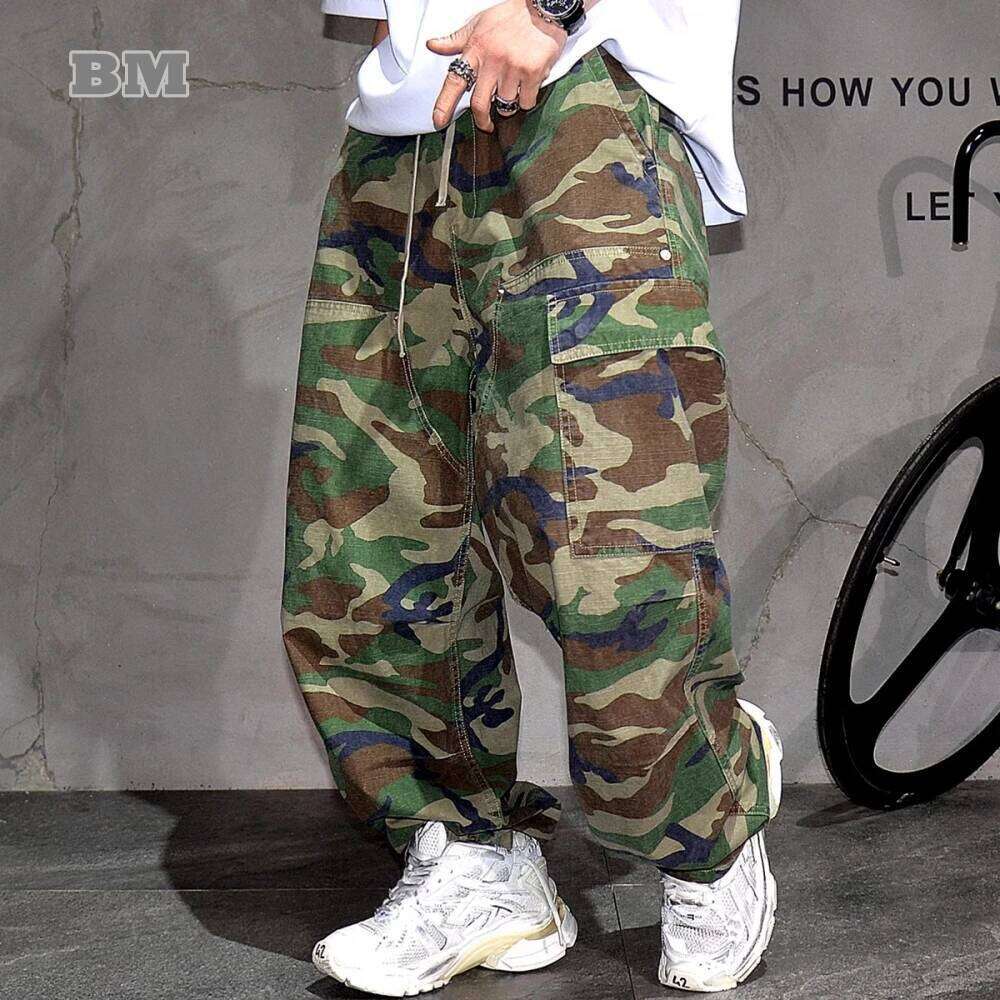 Mens American Tactical Cargo Premium Camo Baggy Loose Fit Vintage Streetwear Korean Style Trendy Workwear Khaki Pants Male 250726