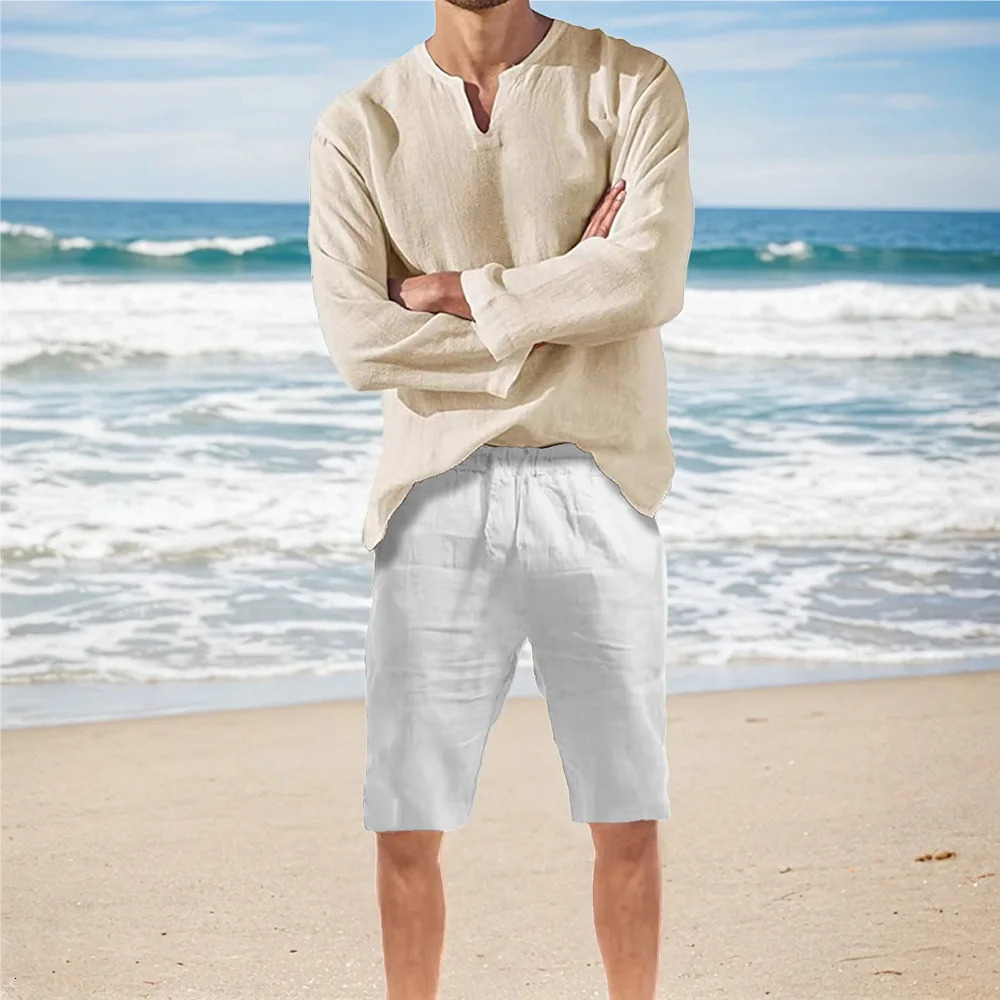 Spring Summer Mens Sets Cotton Linen Vneck Tshirt Shorts Breathable Loose Fit Casual Cozy Tracksuit Male Trendy Suit 250724