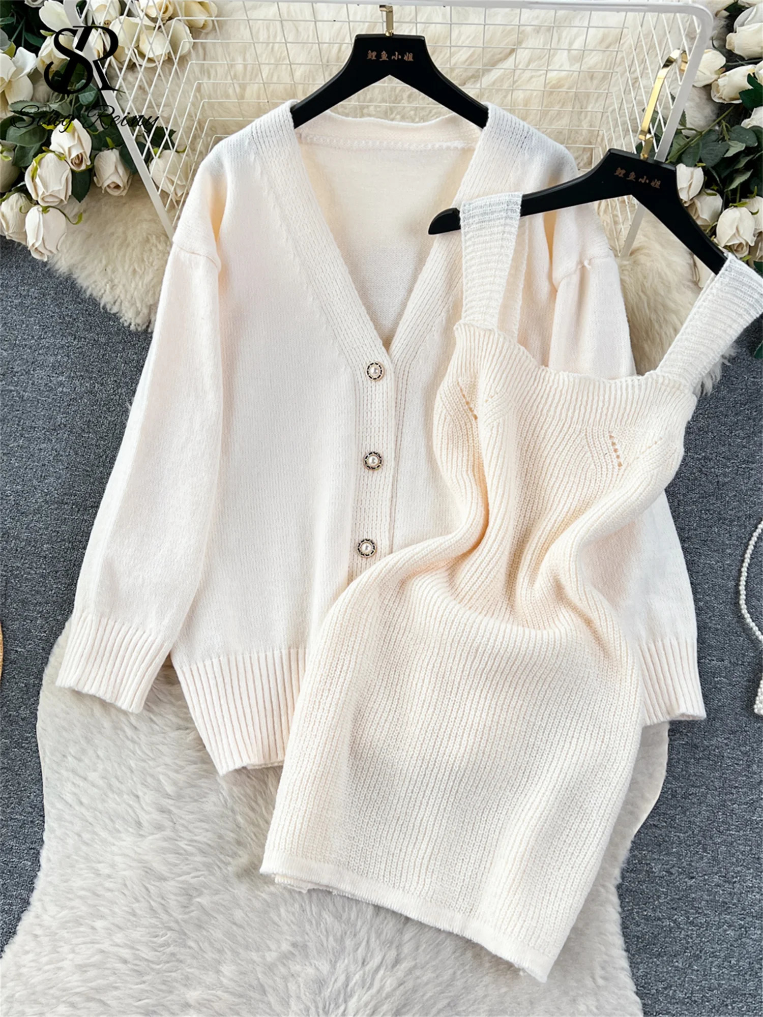 100% Cotton Fashion Korean Style Knitted Suits Casual Loose Cardigan Slim Mini Sweater Dress Autumn Women Warm Two Piece Sets 250724