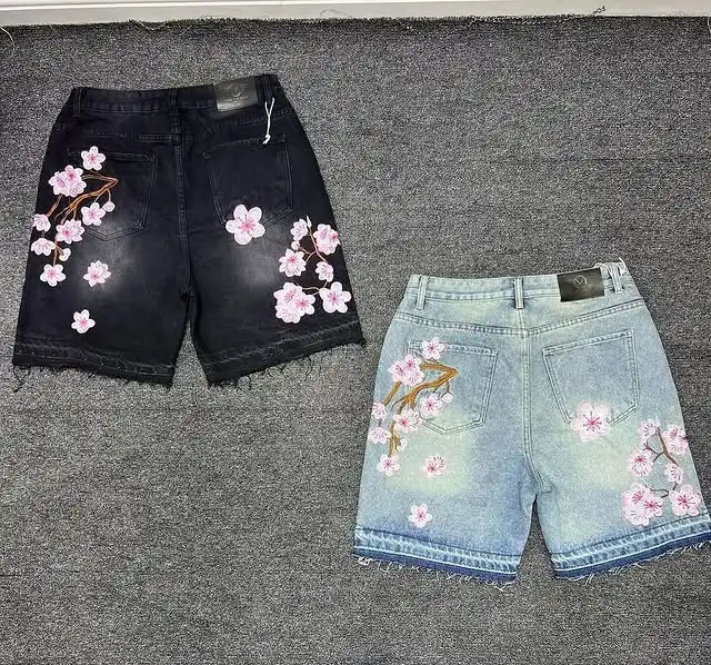 Gothic Mens Cherry Blossom Embroidery Denim Shorts Y2K Jeans Harajuku Hip Hop Retro Baggy Fashion Casual Pants 250714