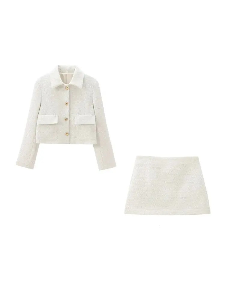 TRZA Women Fashion With Pockets Tweed Jacket Coat And High Waist Side Zipper Mini Skirt Female Two Piece Sets Mujer 250721