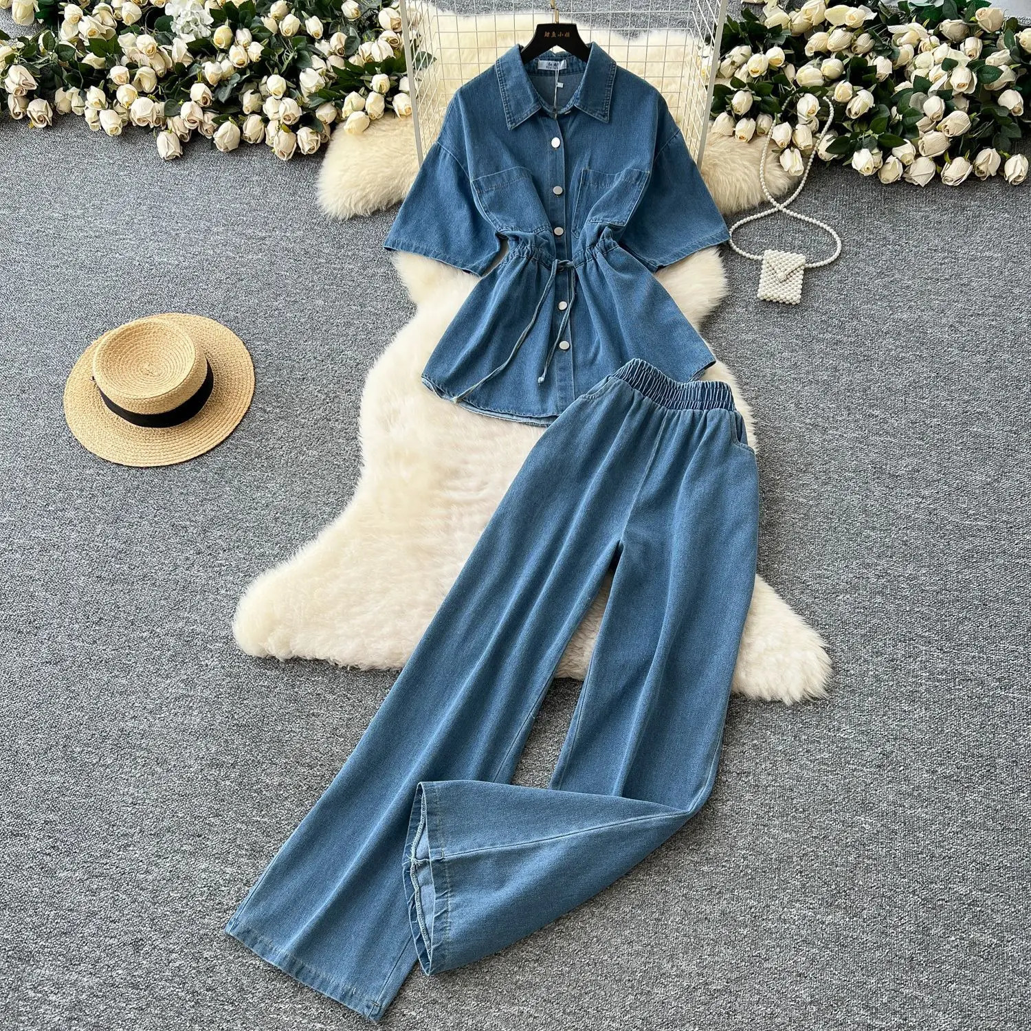 Denim Pant Set Women Two Piece Sets Matching Sets Short Sleeve Mom Jeans Tops Wide Leg Long Pants High Waist Y2K Streetwear 250725