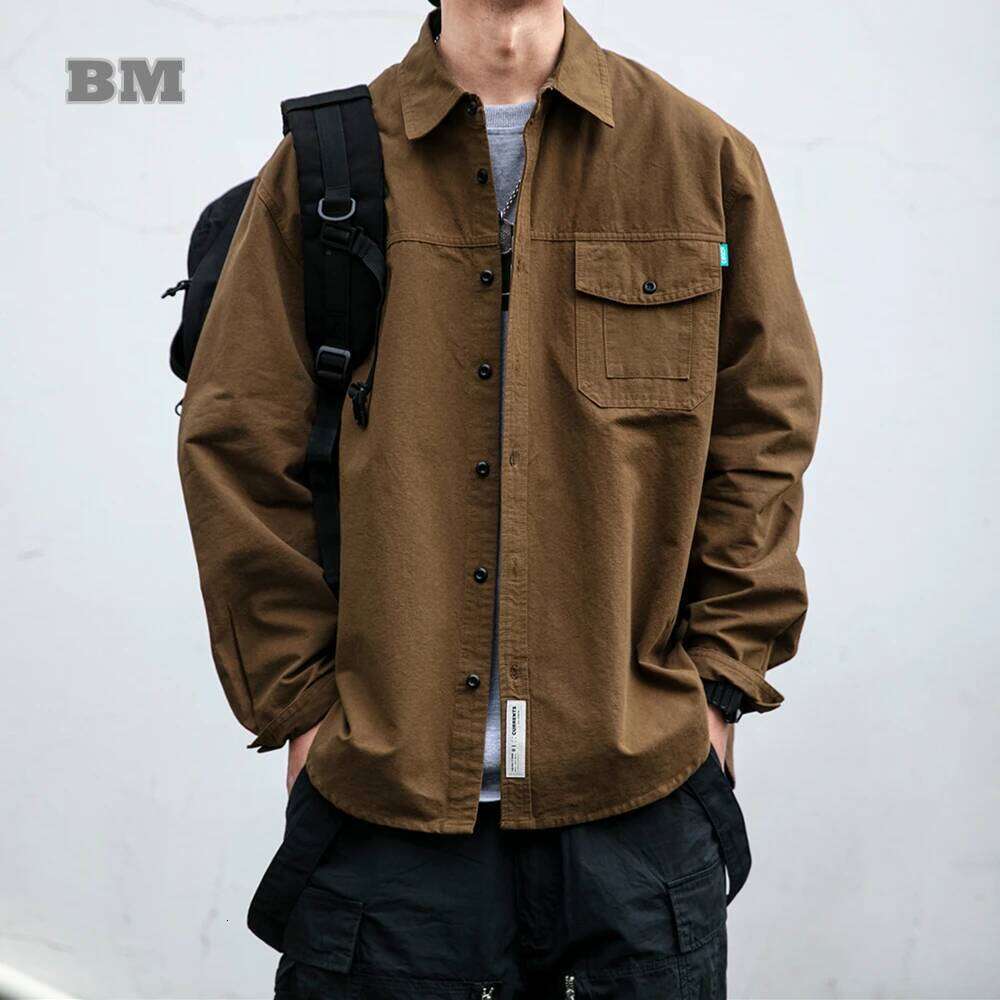 Japanese High Quality Black Cotton Vintage Shirt Men Clothing Haruku Casual Loose Cargo Coat Korean Fashion Long Sleeve Top 250726